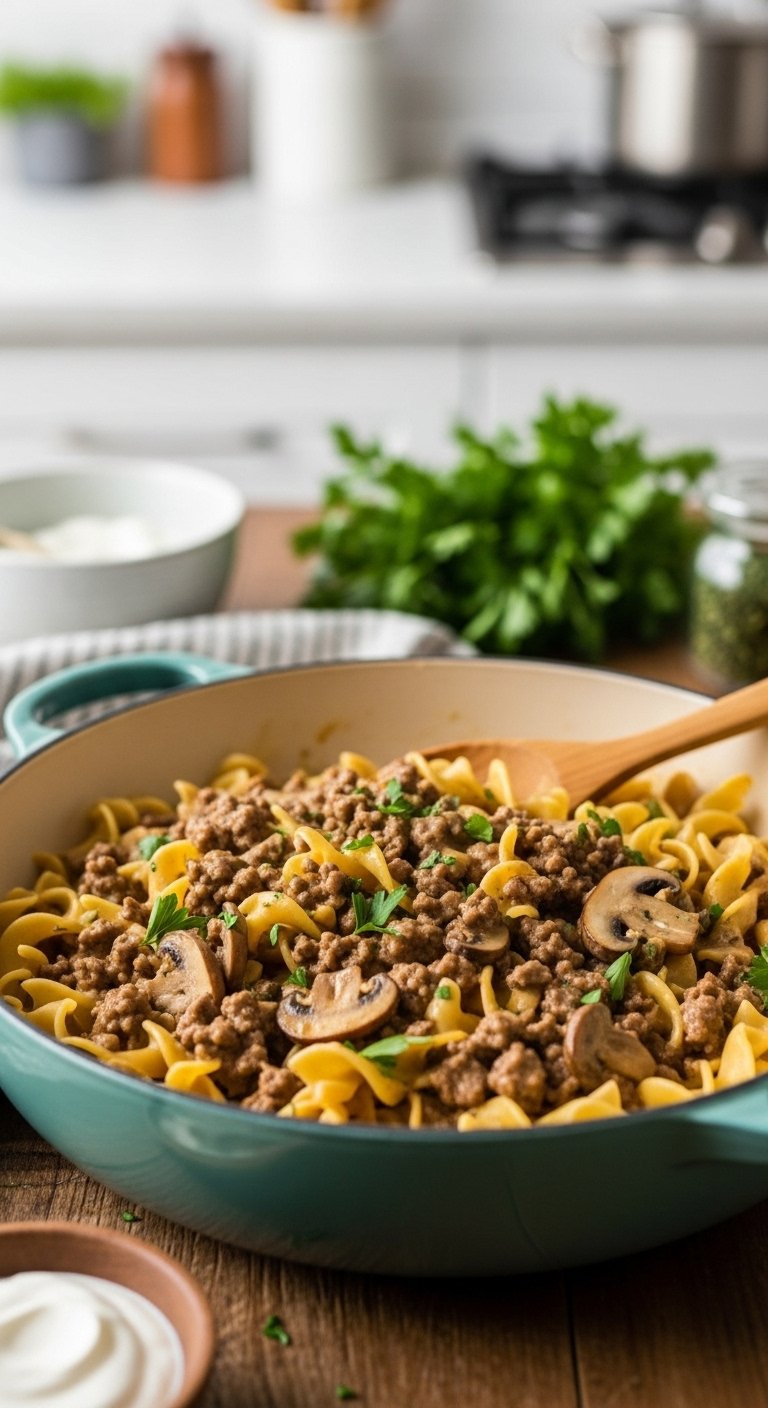 Creamy One-Pot Ground Beef Stroganoff With Egg Noodles, Mushrooms, And Fresh Parsley In A Large Pot On A Rustic Wooden Table.