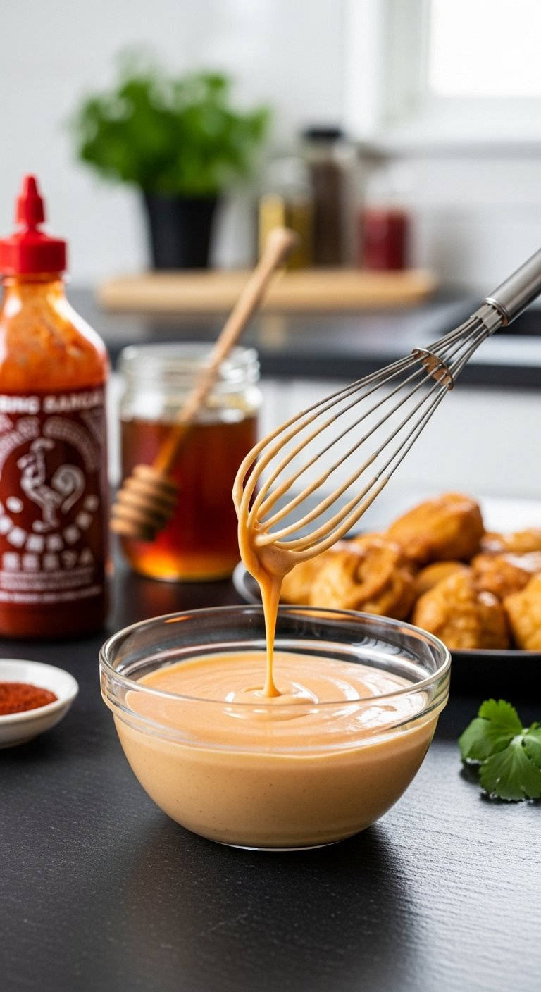 Creamy Orange Bang Bang Sauce In A Glass Bowl With A Whisk Resting Inside On A Dark Slate Countertop.