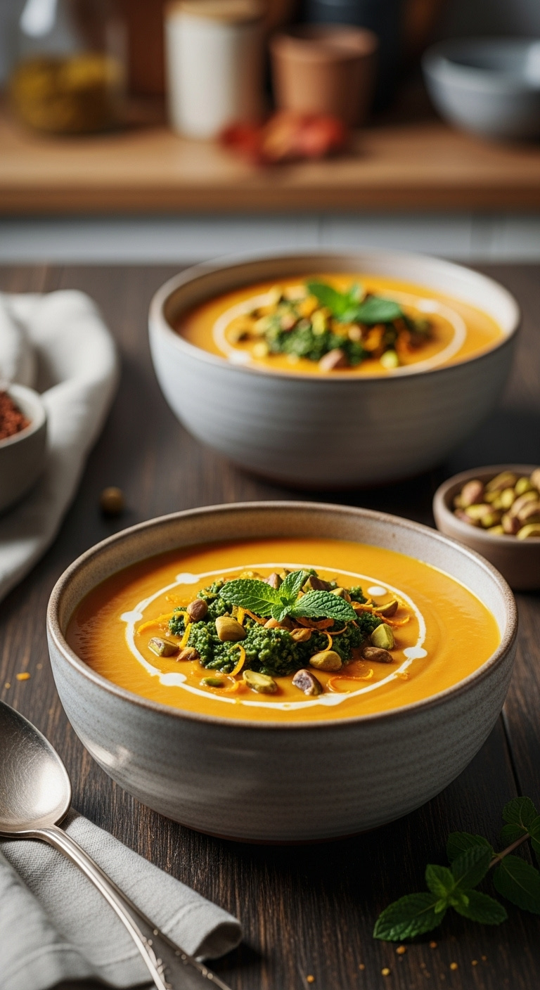 Creamy Orange Roasted Sweet Potato Soup With Bright Green Pistachio Gremolata And A Swirl Of Cream In A Rustic Bowl On A Dark Wood Table