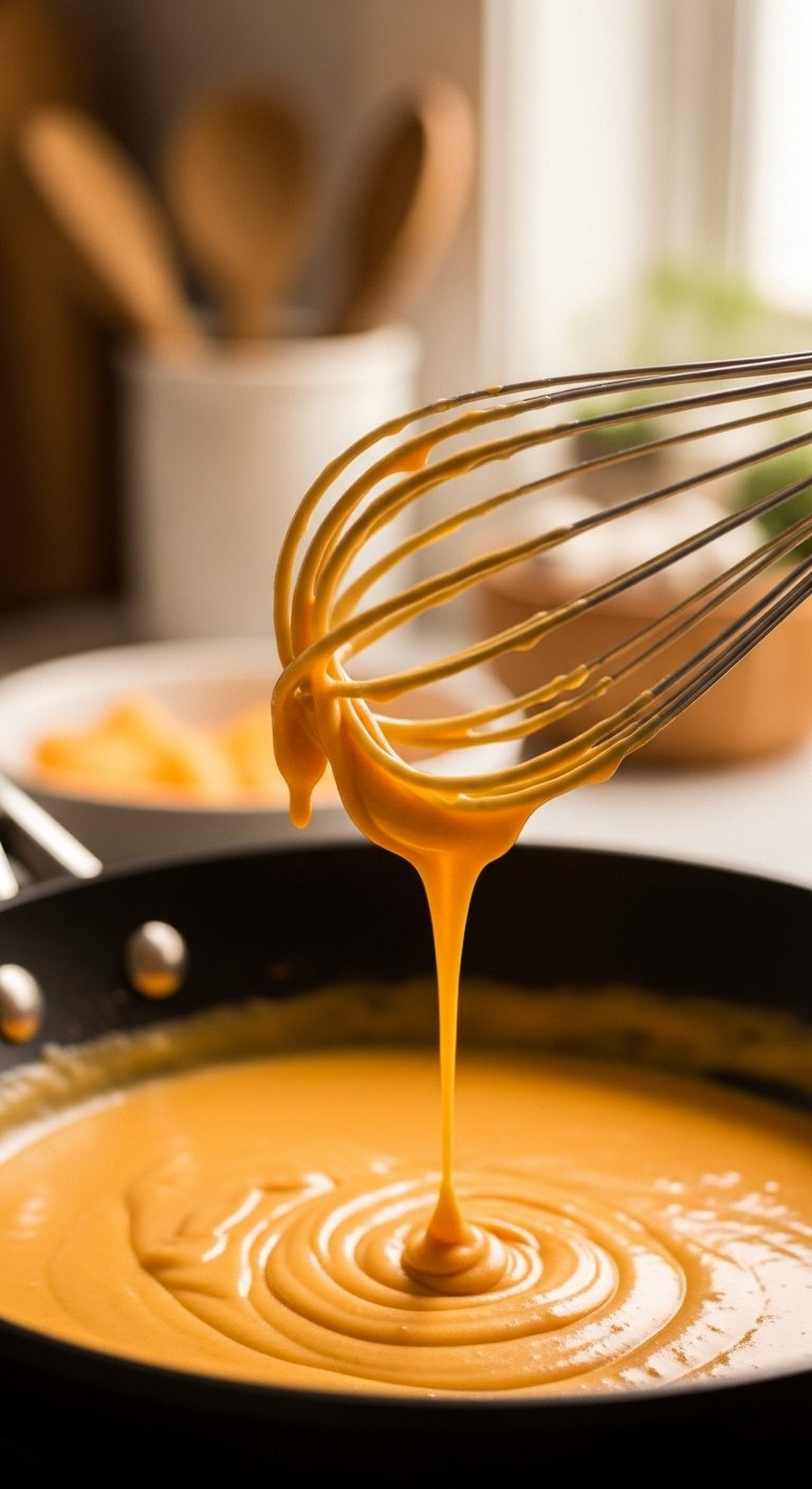 Creamy Orange Cheddar Cheese Sauce Being Whisked In A Skillet With A Glossy, Velvety Texture.