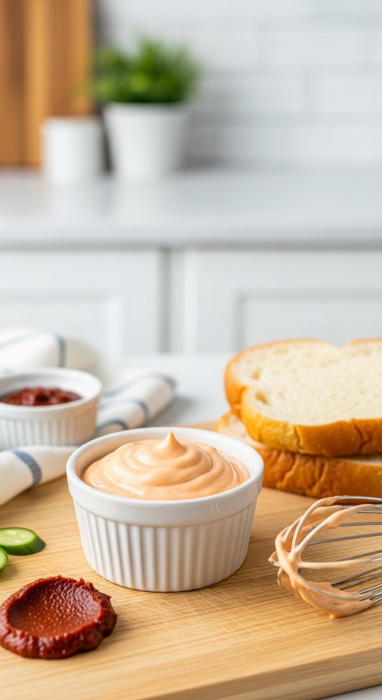 Creamy Orange Gochujang Mayo In A White Bowl With A Whisk And Paste Smear On A Light Wood Cutting Board.