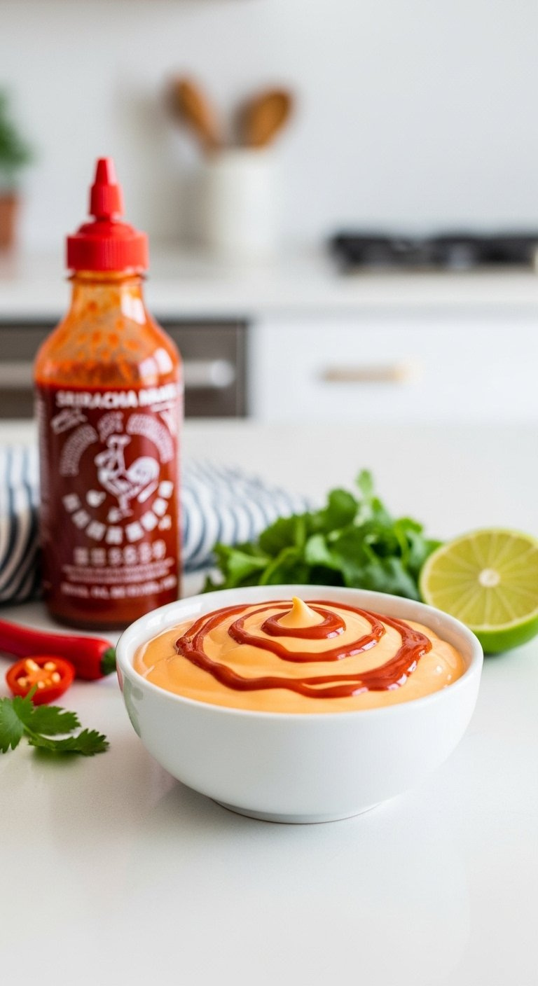 Creamy Orange Homemade Sriracha Mayo Swirled With Sauce In A White Modern Bowl.