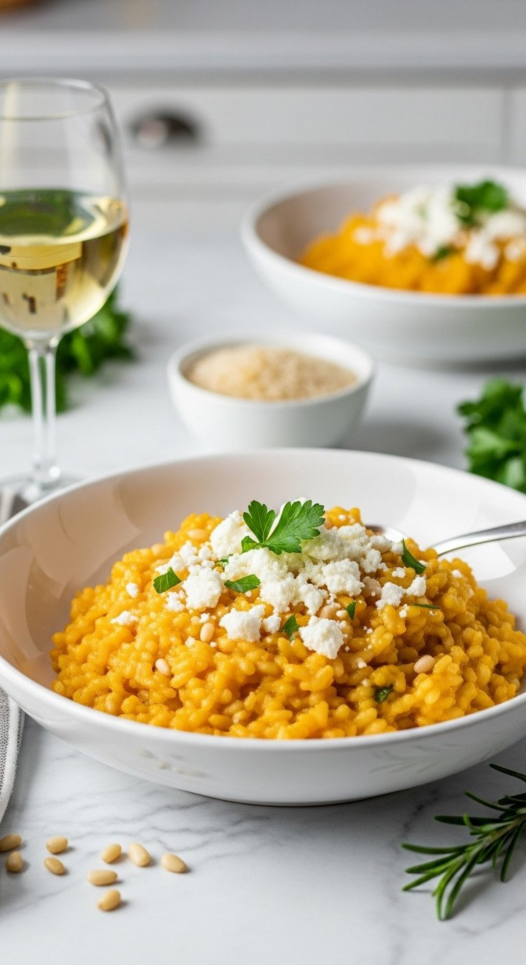 Creamy Orange Pumpkin Feta Risotto Topped With Crumbled Feta, Fresh Parsley, And Olive Oil In A White Serving Bowl.