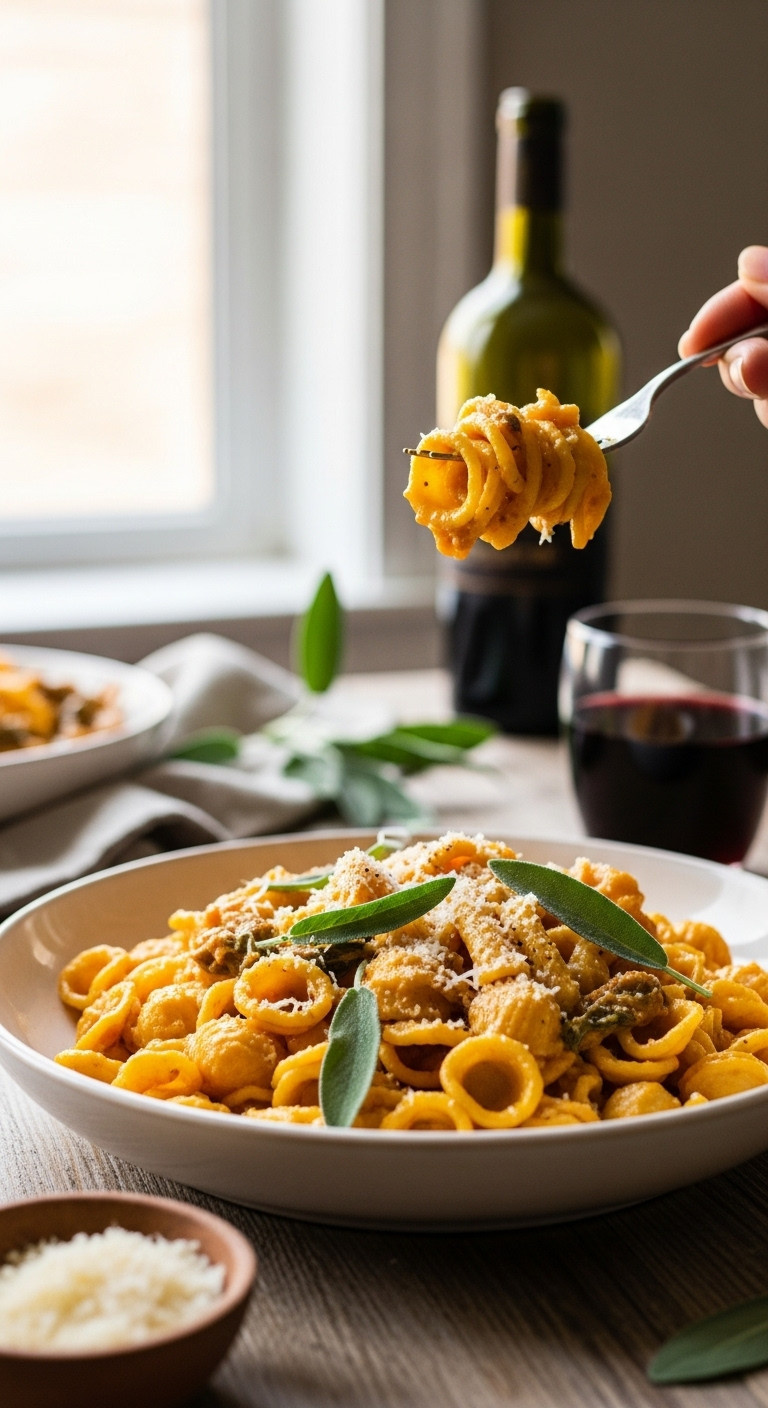 Creamy Orange Pumpkin Sage Brown Butter Pasta With Fresh Sage &Amp; Parmesan In A Rustic Bowl, With Red Wine.