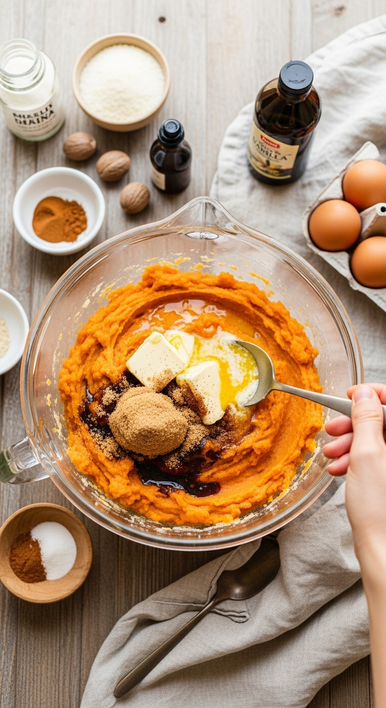 Creamy Orange Sweet Potato Mash In A Glass Bowl, Mixing In Melted Butter, Brown Sugar, And Spices On Wood Table.