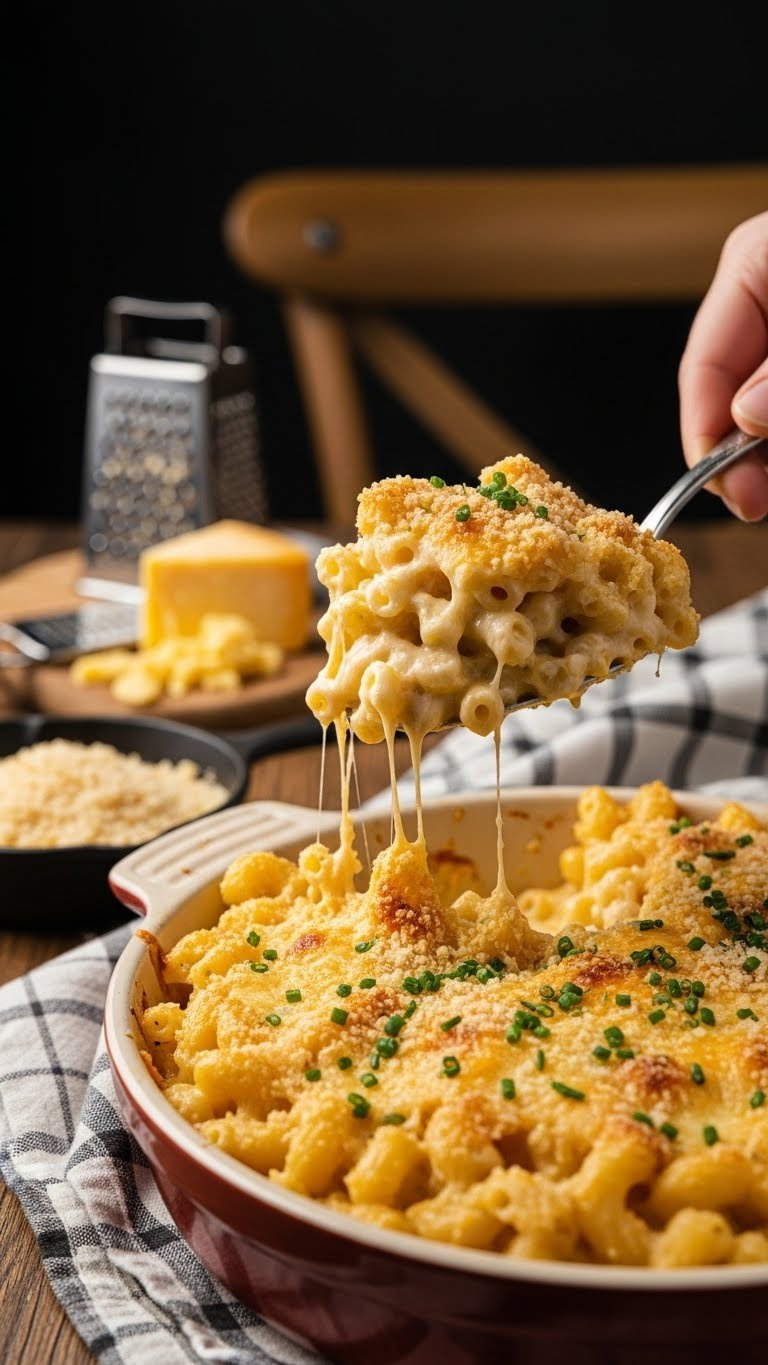 Creamy Oven-Baked Macaroni And Cheese With Golden Crust And Fresh Chives In Ceramic Casserole Dish