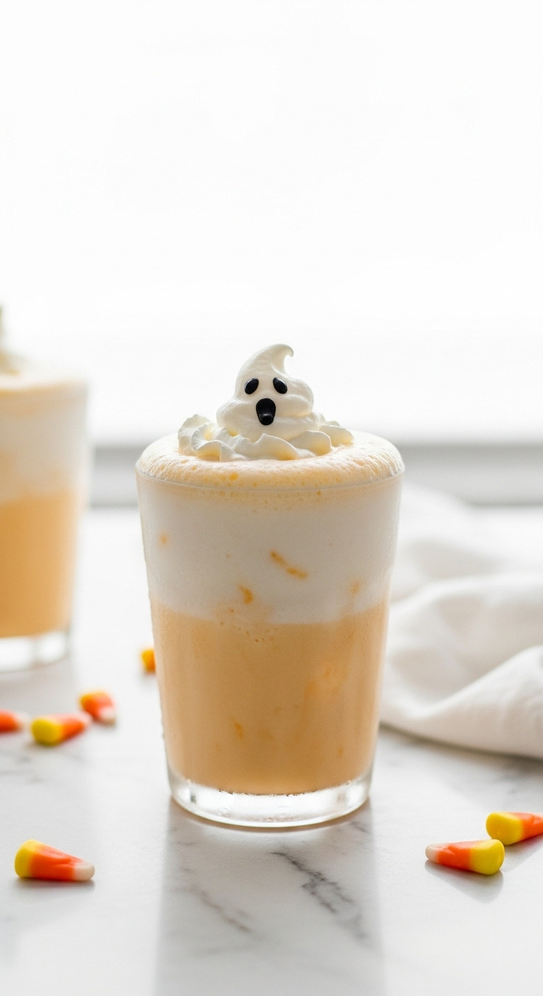 Creamy Pale Orange And White Ghostly Dreamsicle Loaded Tea In A Frosted Glass Topped With Ghost Shaped Whipped Cream And Candy Corn