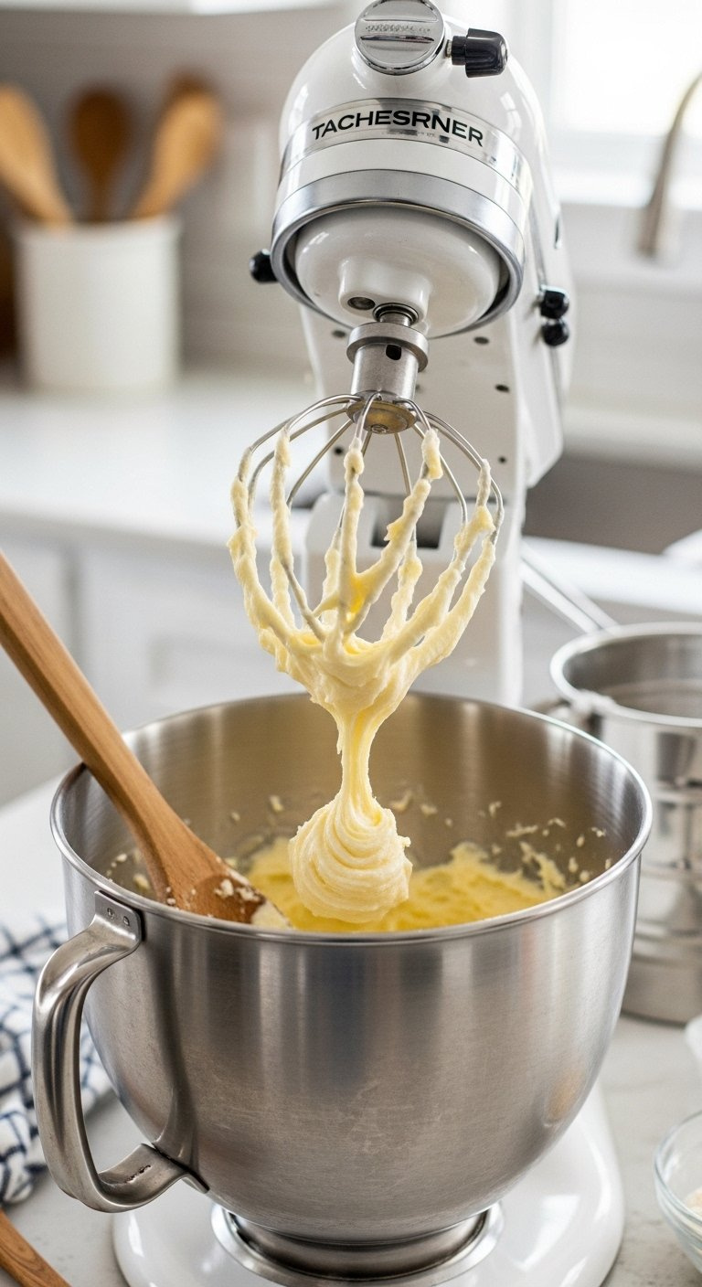 Creamy Pale Yellow Butter And Sugar Mixture Being Whipped In A Stainless Steel Stand Mixer Bowl On A Blurred Kitchen Counter.