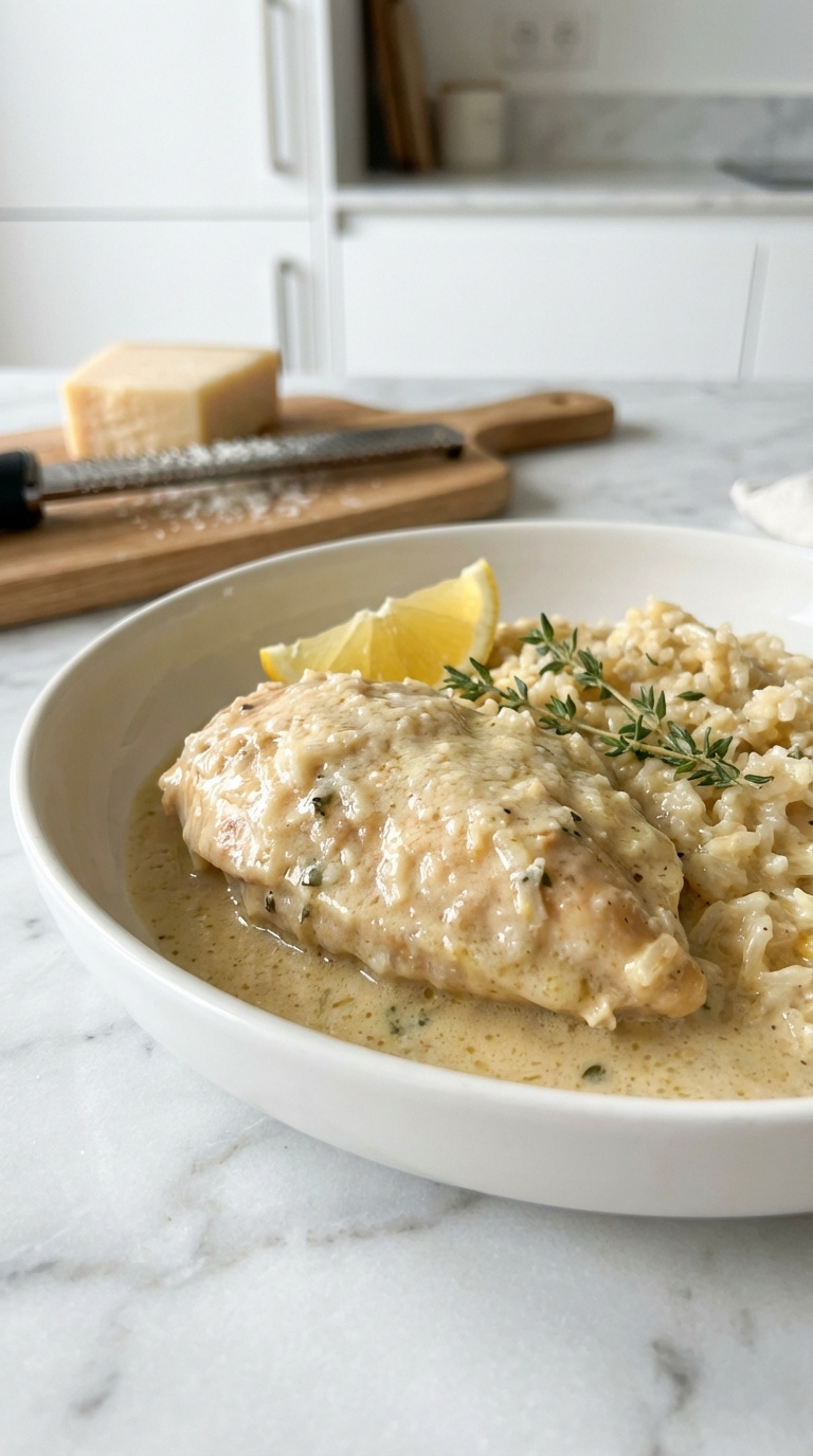 Creamy Parmesan Chicken And Rice In White Ceramic Bowl With Lemon Wedge And Thyme Garnish On Marble Countertop