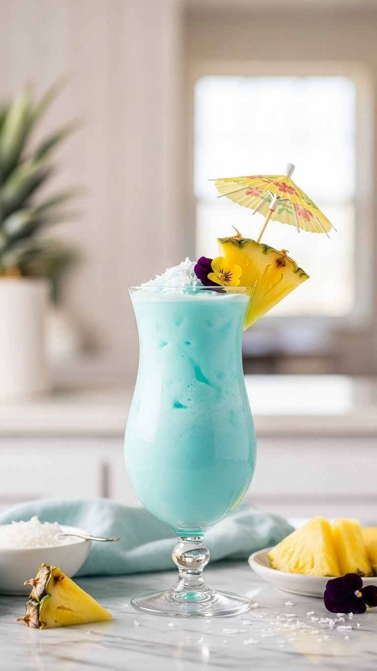 Creamy Pastel Blue Mocktail In Hurricane Glass With Pineapple Wedge And Umbrella Garnish On Marble Countertop
