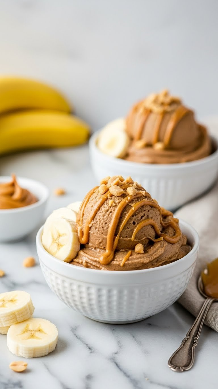 Creamy Peanut Butter Banana Nice Cream With Drizzle And Chopped Peanuts In Stylish Bowl