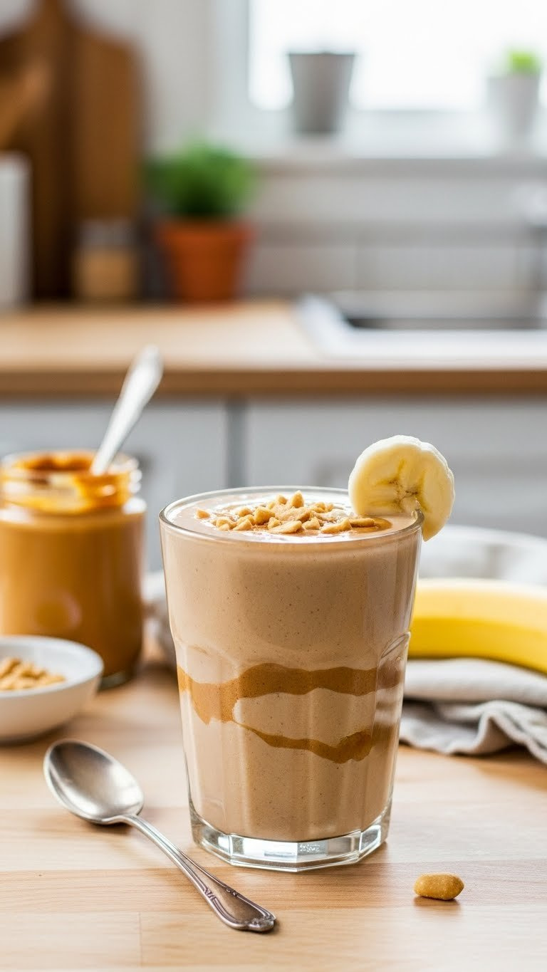 Creamy Peanut Butter Banana Smoothie In Glass With Banana Slice And Chopped Peanut Topping