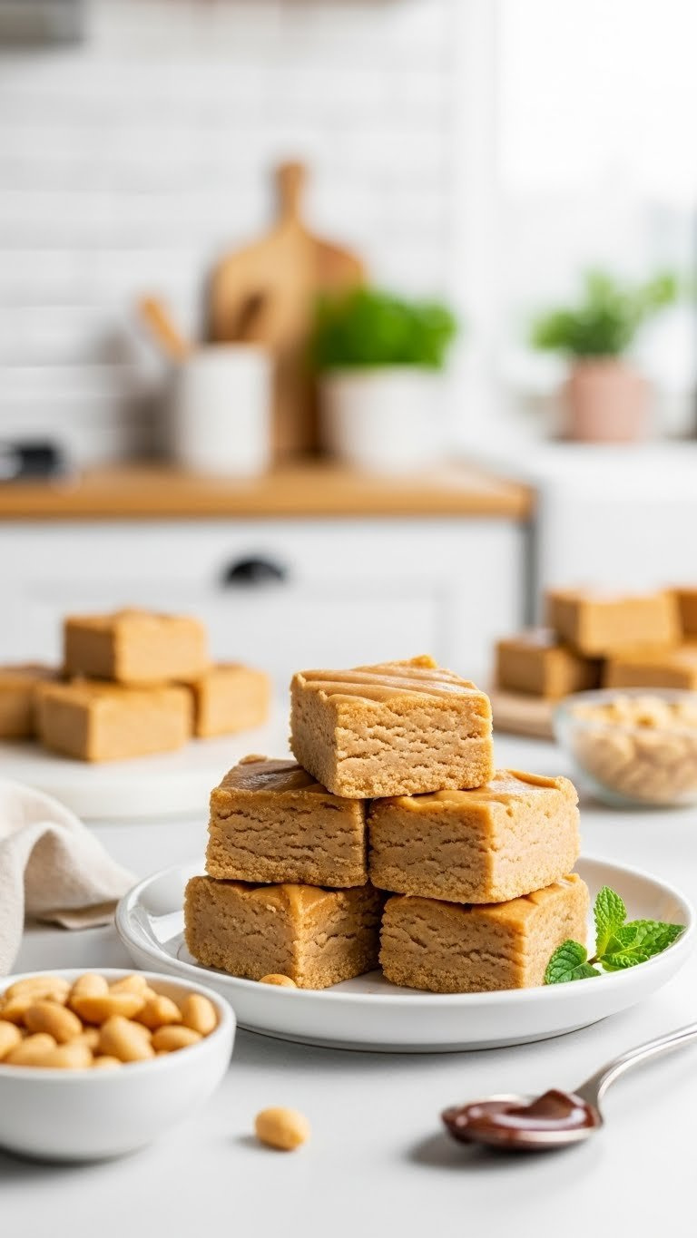Creamy Peanut Butter Fudge Squares Stacked Artfully On White Ceramic Plate With Soft Lighting