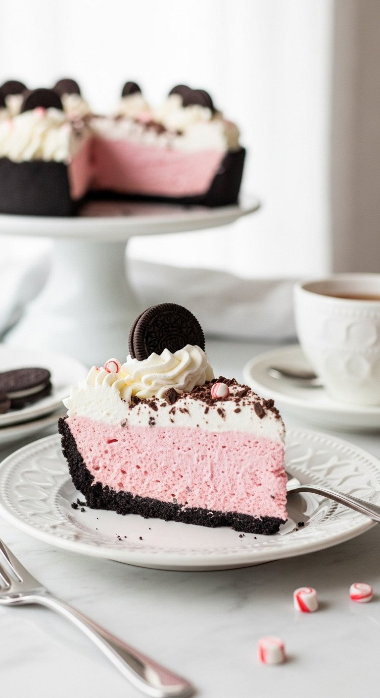 Creamy Peppermint Fudge Squares: Pinkish-White, Dark Chocolate Swirl, Crushed Peppermints, Stacked.
