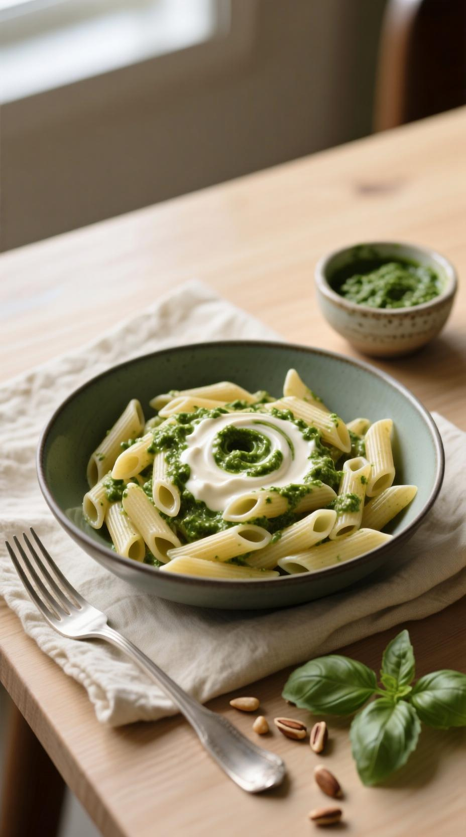 Creamy Pesto Penne Pasta In A Deep Bowl With A Swirl Of Cream Pine Nuts And Fresh Basil On A Linen Napkin