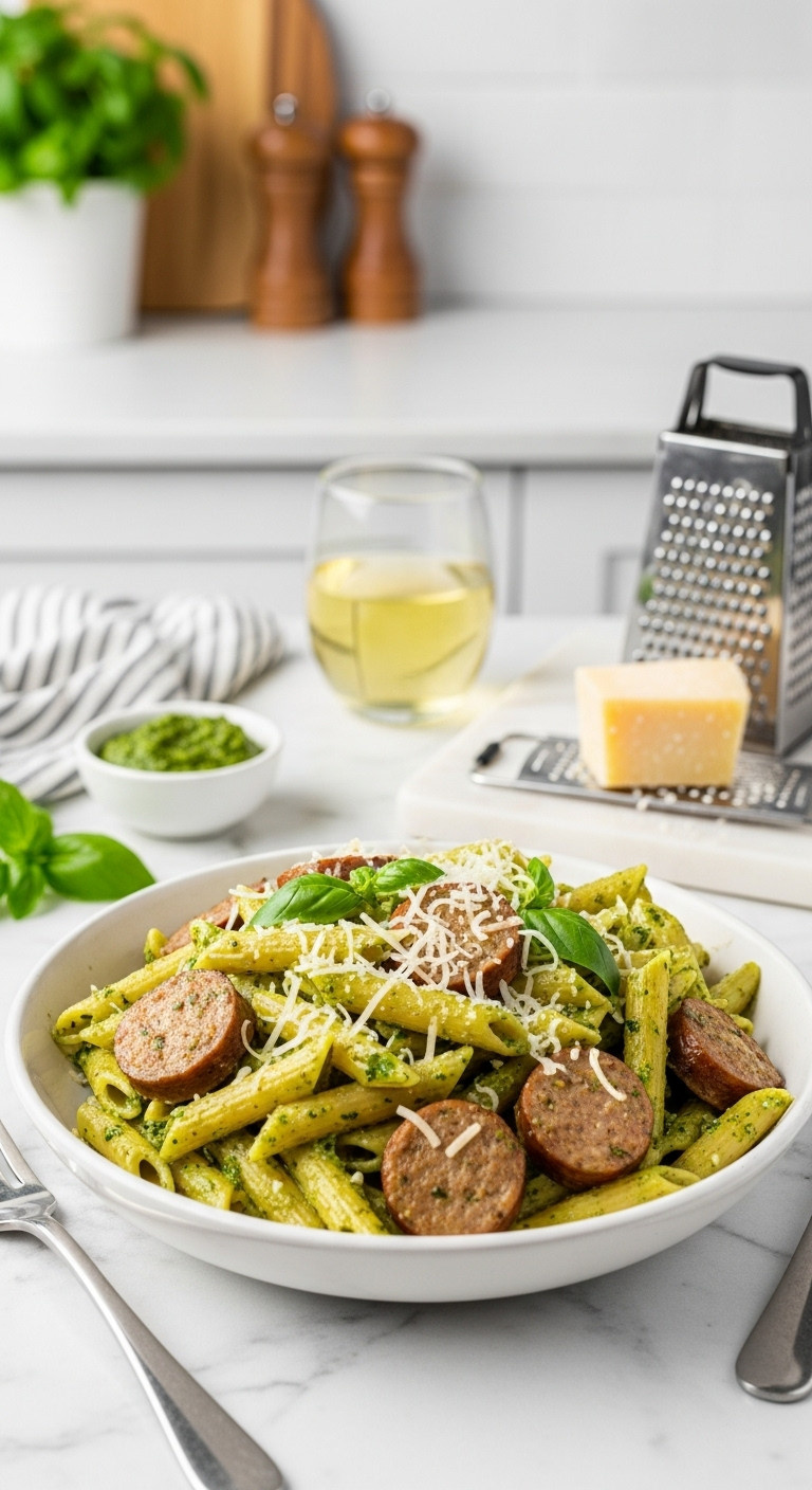 Creamy Pesto Penne With Sausage And Parmesan In A Hearty Bowl On A White Marble Countertop With Wine And Herbs
