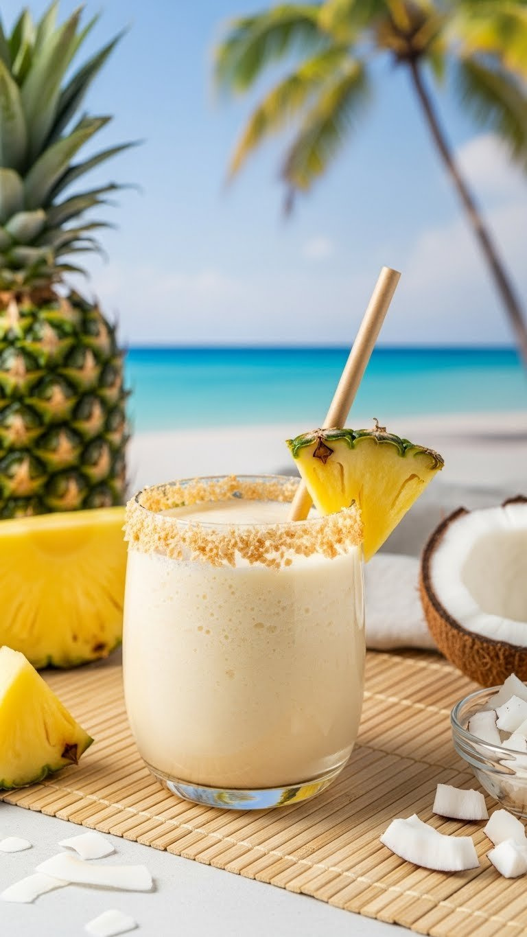 Creamy Pineapple Coconut Smoothie In Clear Glass With Pineapple Wedge Garnish And Toasted Coconut Rim On Bamboo Placemat.