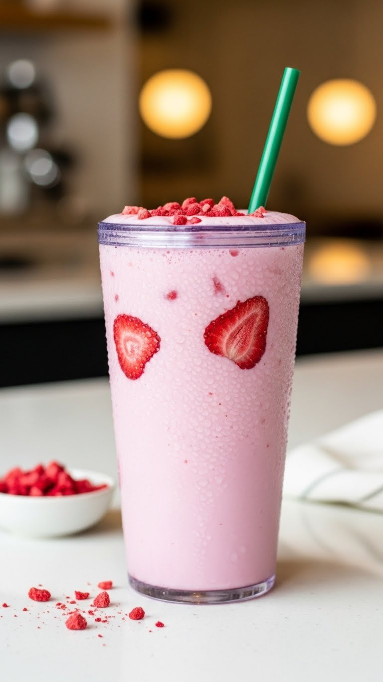 Creamy Pink Starbucks-Style Drink In Tall Tumbler With Green Straw And Freeze-Dried Strawberry Slices