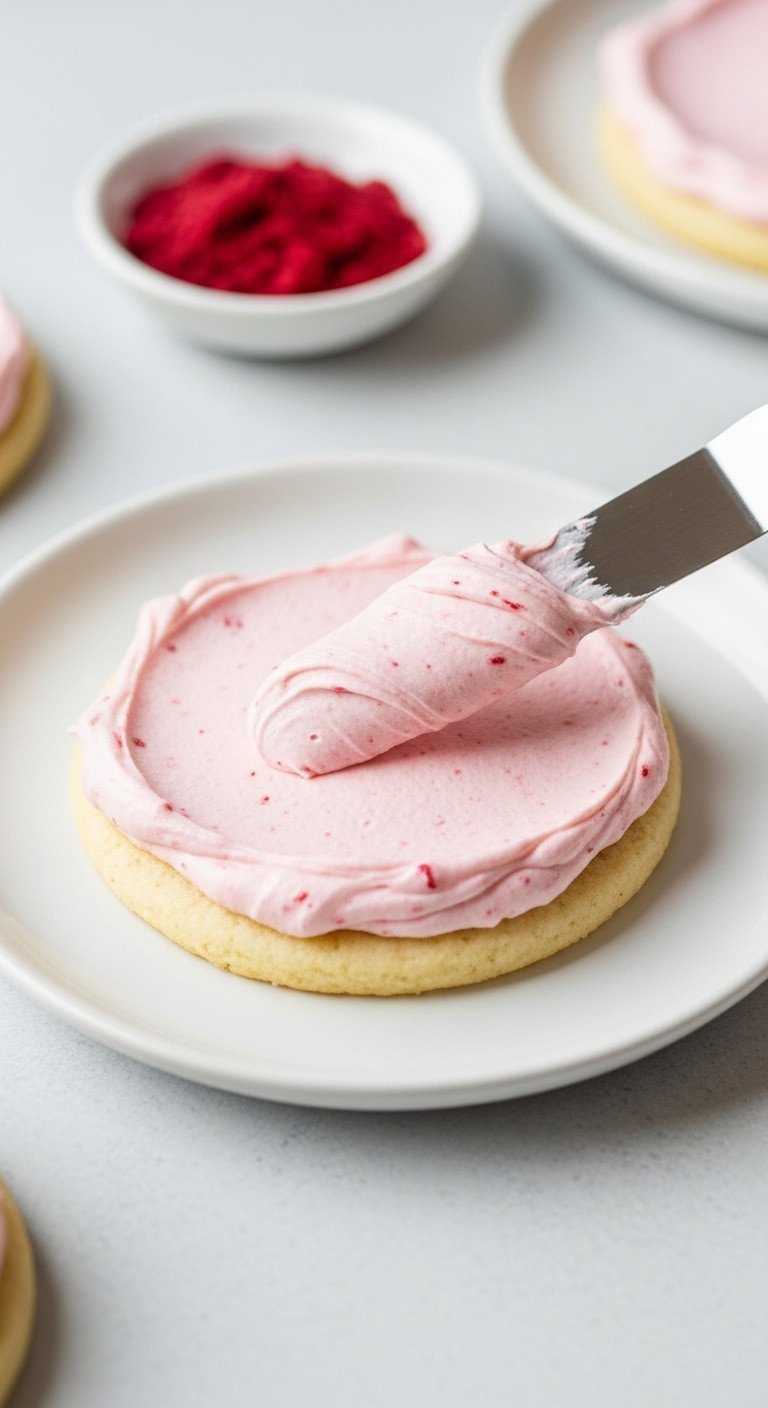 Creamy Pink Frosting, Naturally Colored With Raspberry Powder, Spread On A Cookie With A Spatula. Clean, Fresh Baking.