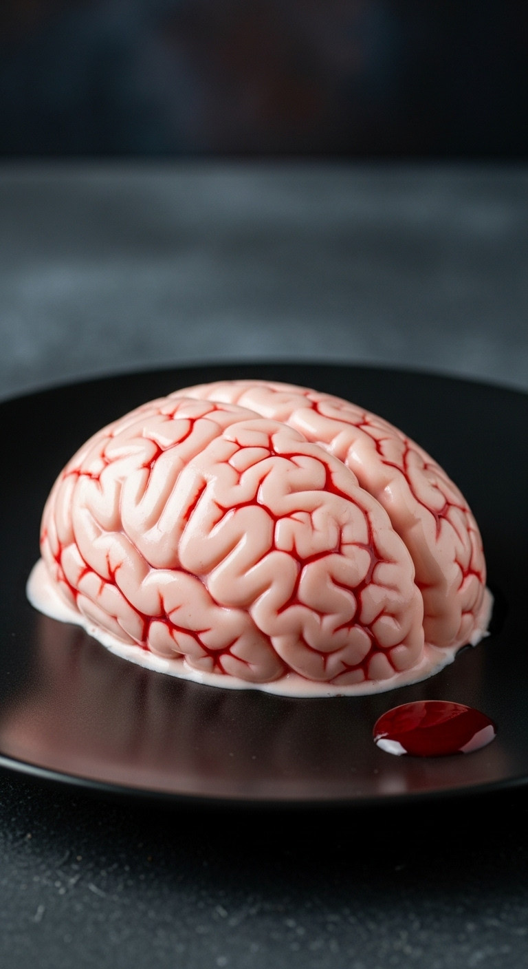 Creamy Pink Jello Brain With Red Arteries And A Drop Of 'Blood' On Matte Black Ceramic Plate