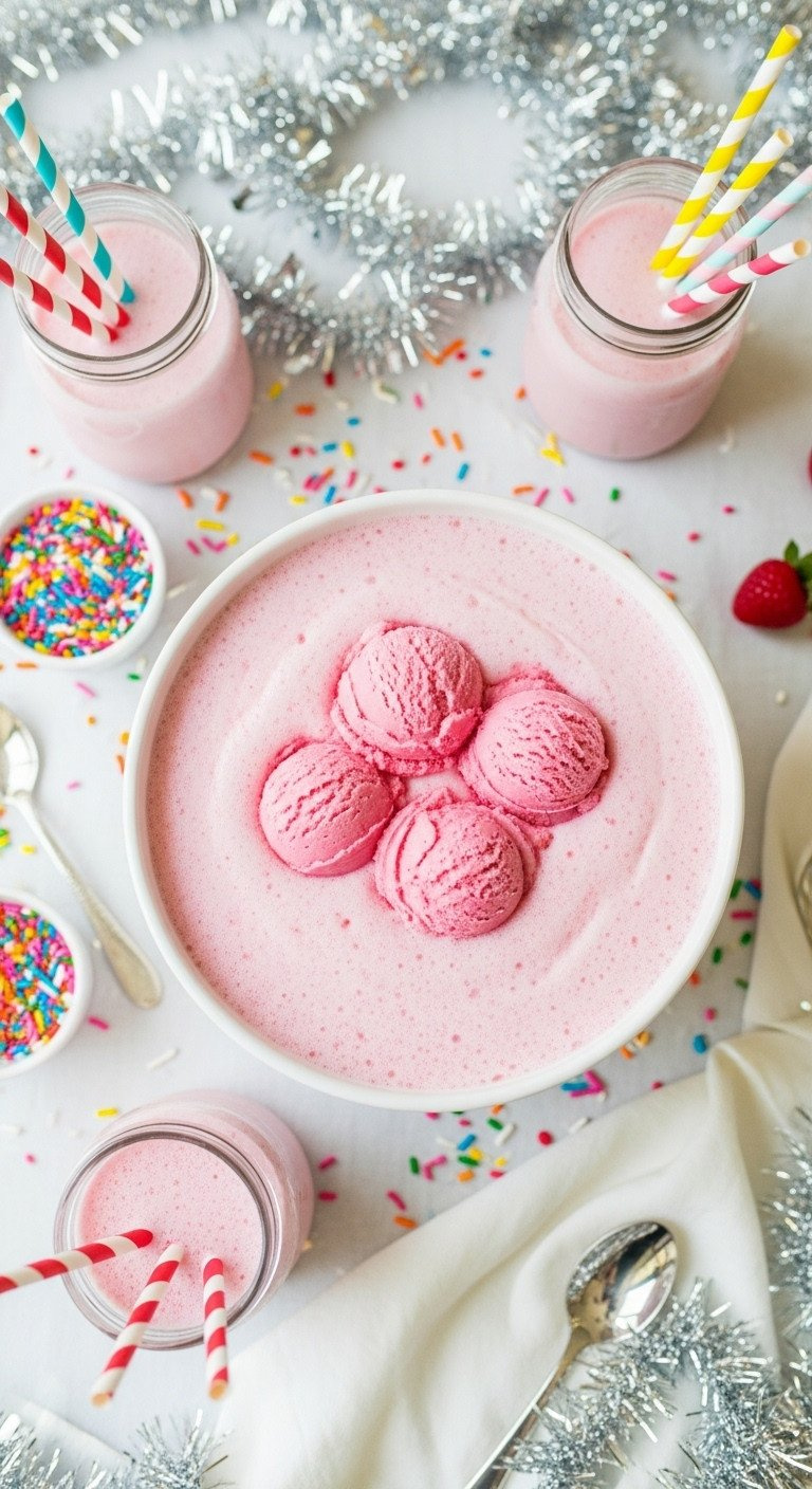 Creamy Pink Sherbet Punch With Raspberry Scoops, Frothy, In A Punch Bowl With Vintage Glasses, Colorful Straws, Sprinkles.