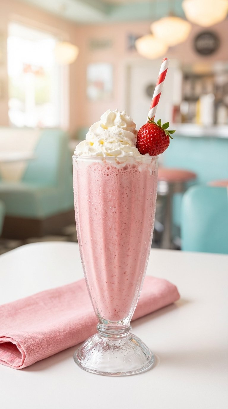 Creamy Pink Strawberry Milkshake Overflowing From Diner Glass With Whipped Cream And Strawberry Topping