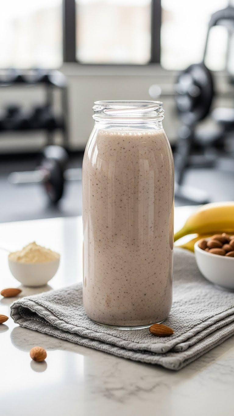 Creamy Protein Breakfast Shake In Shaker Bottle With Chocolate Flecks On Gym Towel Background