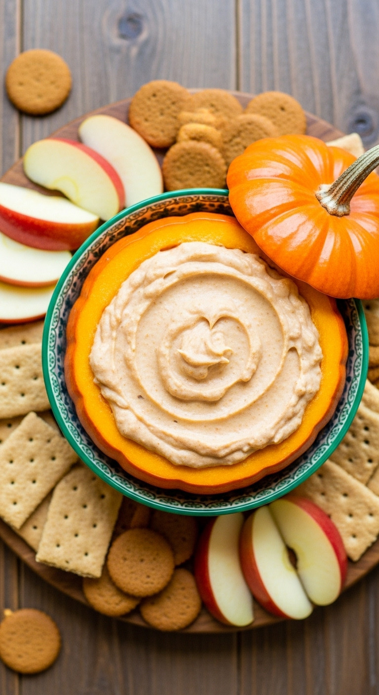 Creamy Pumpkin Dip In A Hollowed-Out Pumpkin Bowl With Apple Slices Graham Crackers And Ginger Snaps On A Rustic Wooden Surface