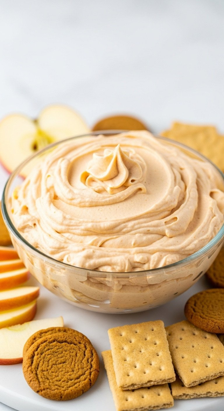 Creamy Pumpkin Fluff Dip In A Glass Bowl With Apple Slices &Amp; Ginger Snaps. Sweet Fall Dessert Dip.