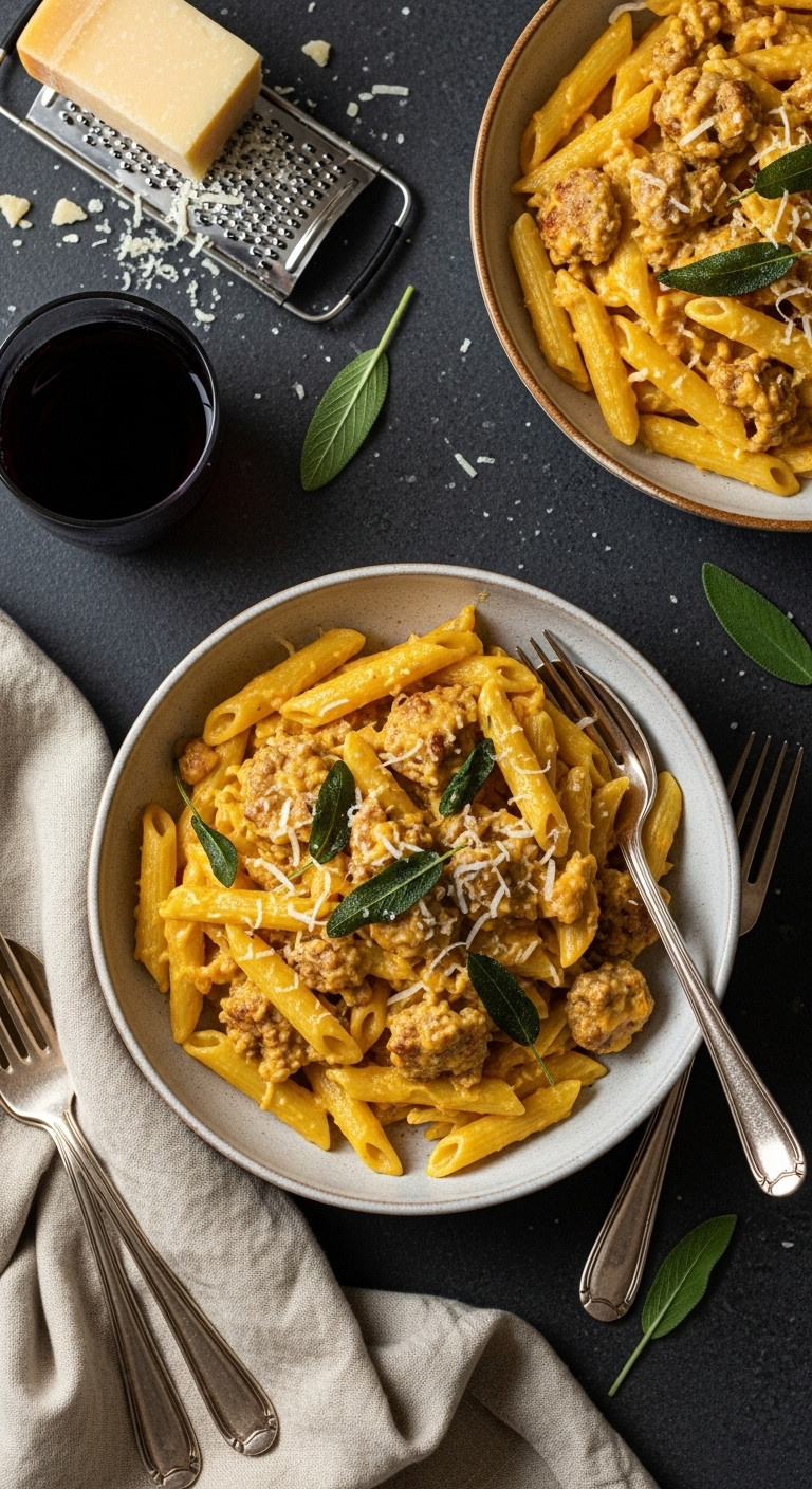 Creamy Pumpkin Pasta With Sausage And Sage In A Rustic Bowl On A Stone Surface