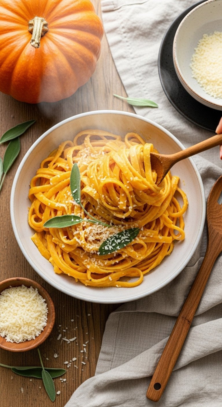Creamy Pumpkin Puree Pasta Sauce Tossed With Fettuccine, Parmesan, And Fresh Sage, Warm Fall Dinner On Rustic Wood.