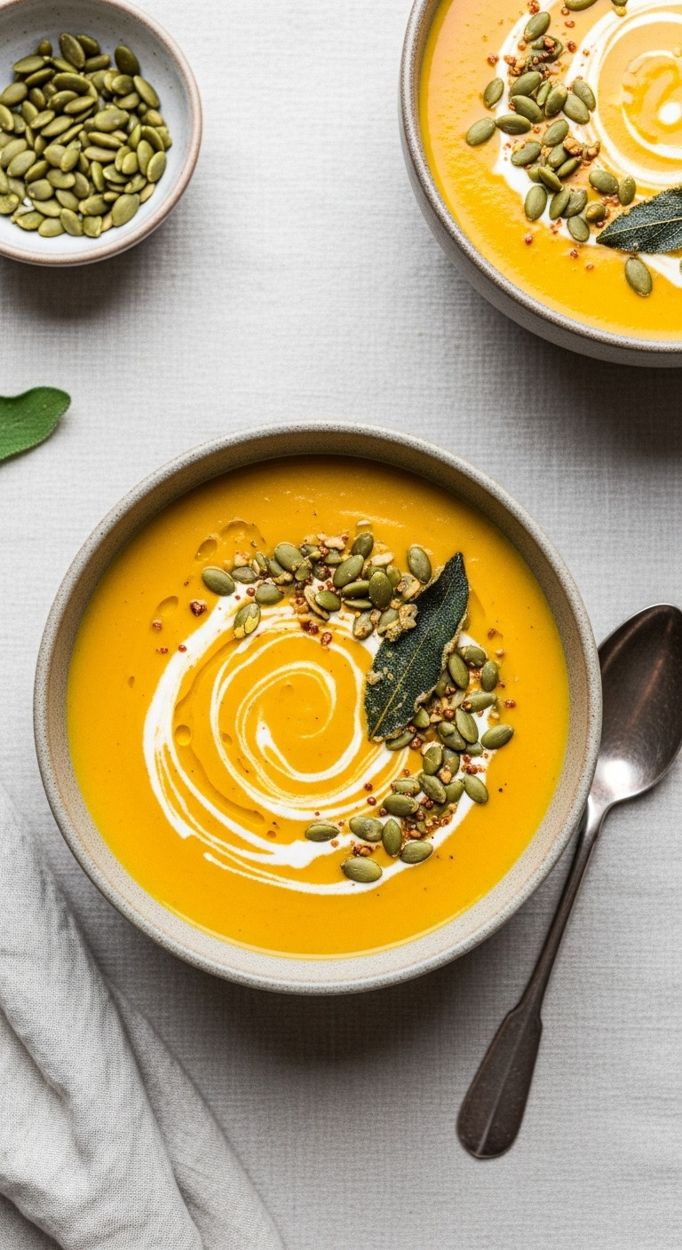 Creamy Pumpkin Soup In Stoneware Bowl, Garnished With Cream Swirl, Roasted Pumpkin Seeds, And Fried Sage Leaf. Appetizing Finished Recipe.