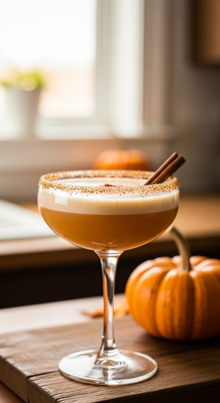 Creamy Pumpkin Spice Cocktail In Coupe Glass, Cinnamon Sugar Rim, Cinnamon Stick. Rustic Wood, Small Pumpkin. Cozy Fall Halloween.
