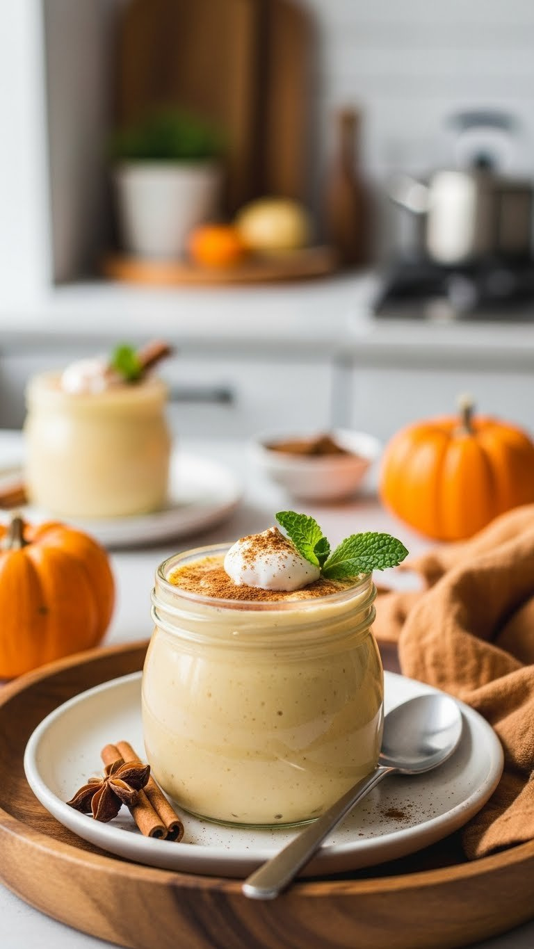 Creamy Pumpkin Spice Collagen Custard Topped With Cinnamon, Coconut Cream, And Mint Leaf On An Elegant Ceramic Plate.