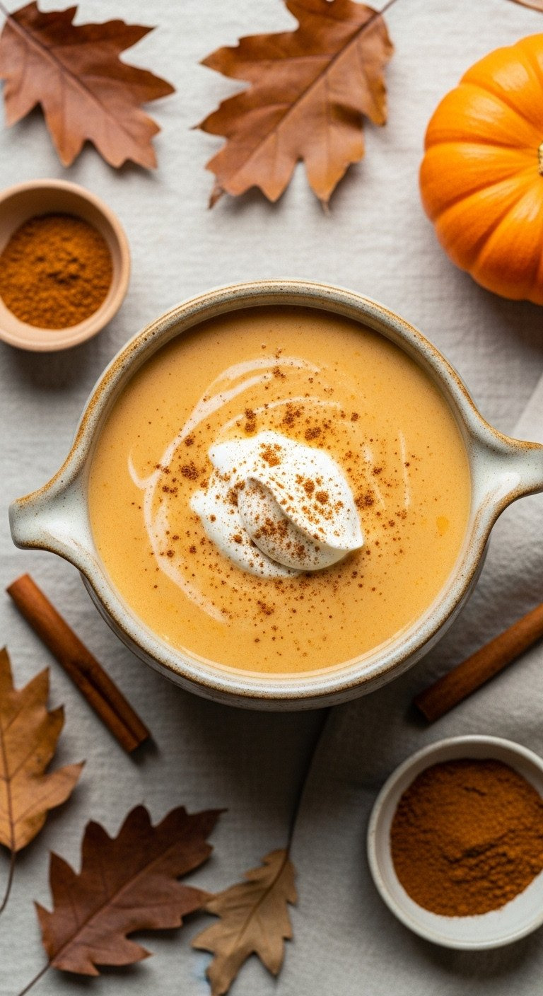 Creamy Pumpkin Spice Punch In Ceramic Bowl With Whipped Cream, Cinnamon, Fall Leaves On A Linen Tablecloth.