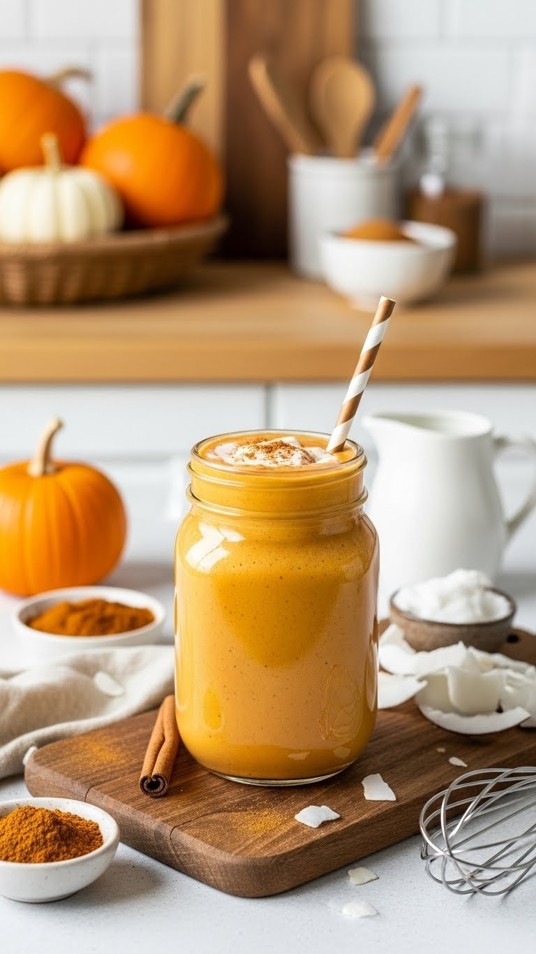 Creamy Pumpkin Spice Smoothie In Glass Jar With Coconut Cream Swirl And Cinnamon Sprinkle