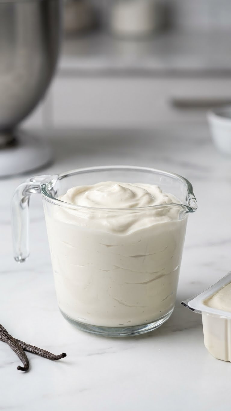 Creamy Pureed Silken Tofu In A Glass Measuring Cup On Marble, With Vanilla Bean, Perfect For Rich Vegan Desserts.