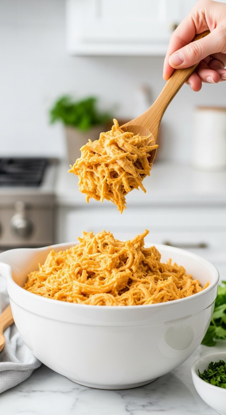 Creamy Queso Chicken Filling With Green Chiles In A White Mixing Bowl On A Marble Countertop.