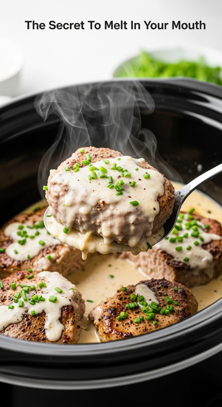 Creamy Ranch Pork Chop Being Lifted From A Black Slow Cooker With Chives And Steam In Bright Studio Light