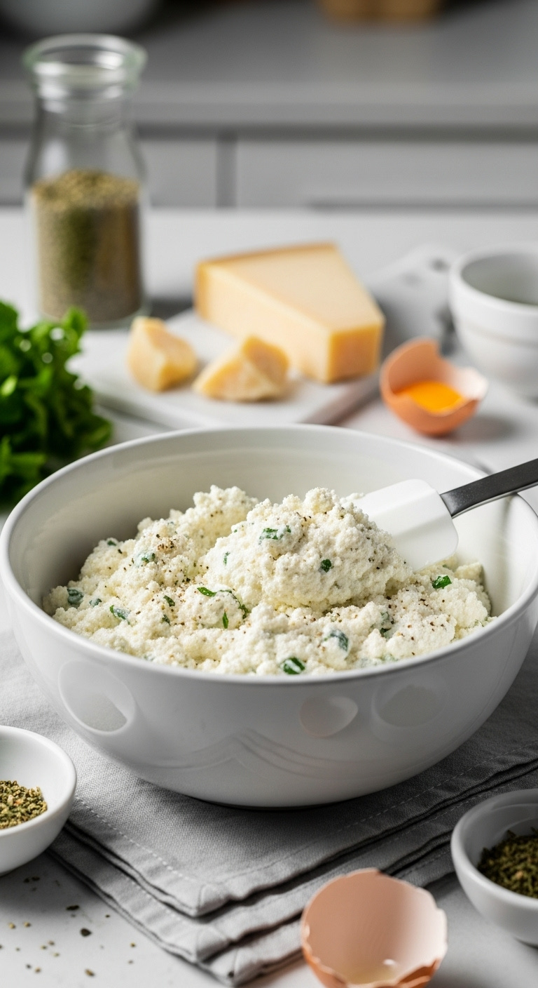 Creamy Ricotta Cheese Filling With Herbs In A White Bowl With A Spatula On A Light Grey Napkin Under Soft Natural Window Light