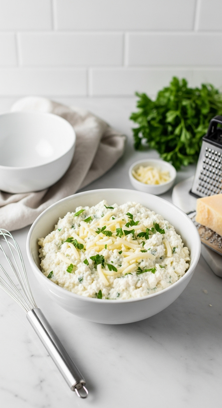 Creamy Ricotta Cheese Filling With Parsley And Mozzarella In A White Bowl With A Whisk On A Marble Countertop Under Studio Light