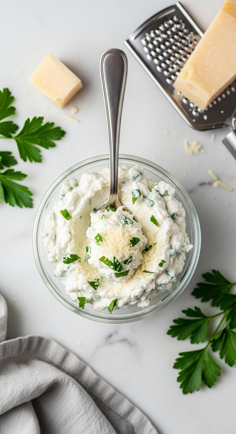 Creamy Ricotta Cheese, Fresh Parsley, And Parmesan In A Bowl On Marble, A Delicious, Fresh Topping For Lasagna Soup.