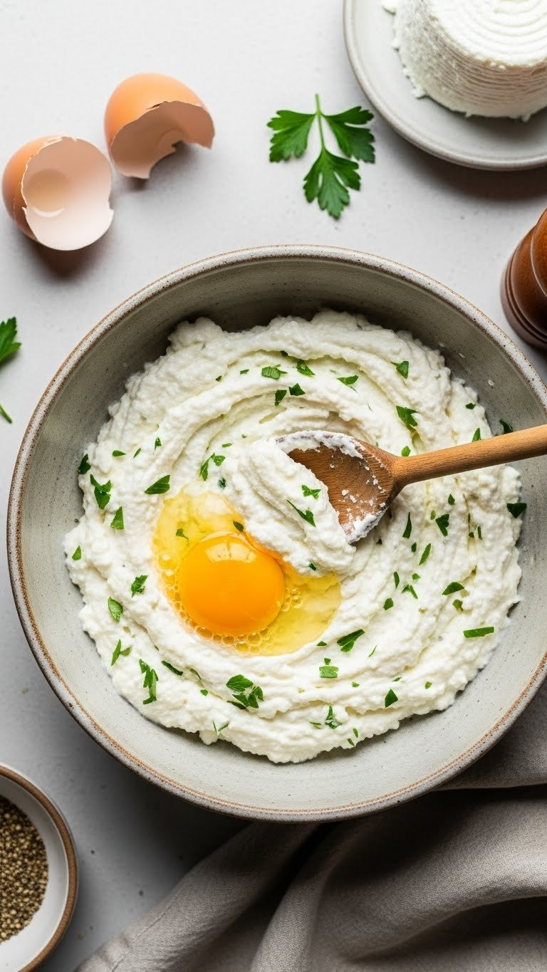 Creamy Ricotta Cheese Mixed With Parsley In Rustic Ceramic Bowl Using Wooden Spoon On Linen Tablecloth