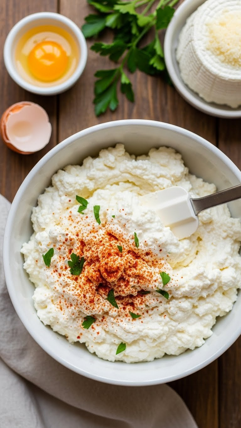 Creamy Ricotta Cheese Mixture Being Stirred With Spatula In White Ceramic Bowl With Parsley And Seasoning Specks.