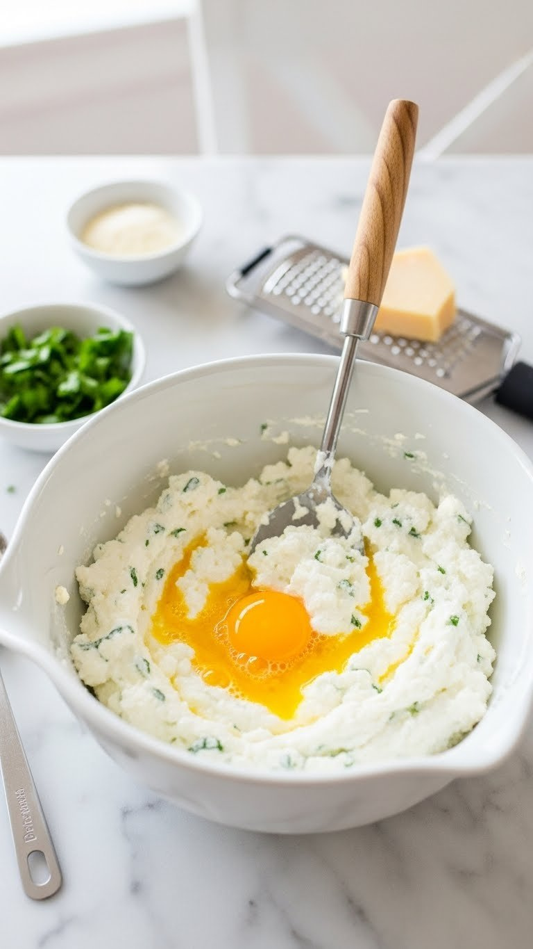 Creamy Ricotta Cheese Mixture With Fresh Herbs And Whisked Egg Ready For Lasagna Assembly