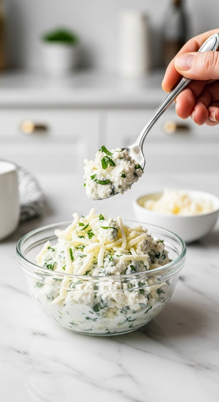 Creamy Ricotta Cheese Topping With Mozzarella And Fresh Herbs In A Glass Bowl, Spoon Lifting A Dollop, Marble Counter.