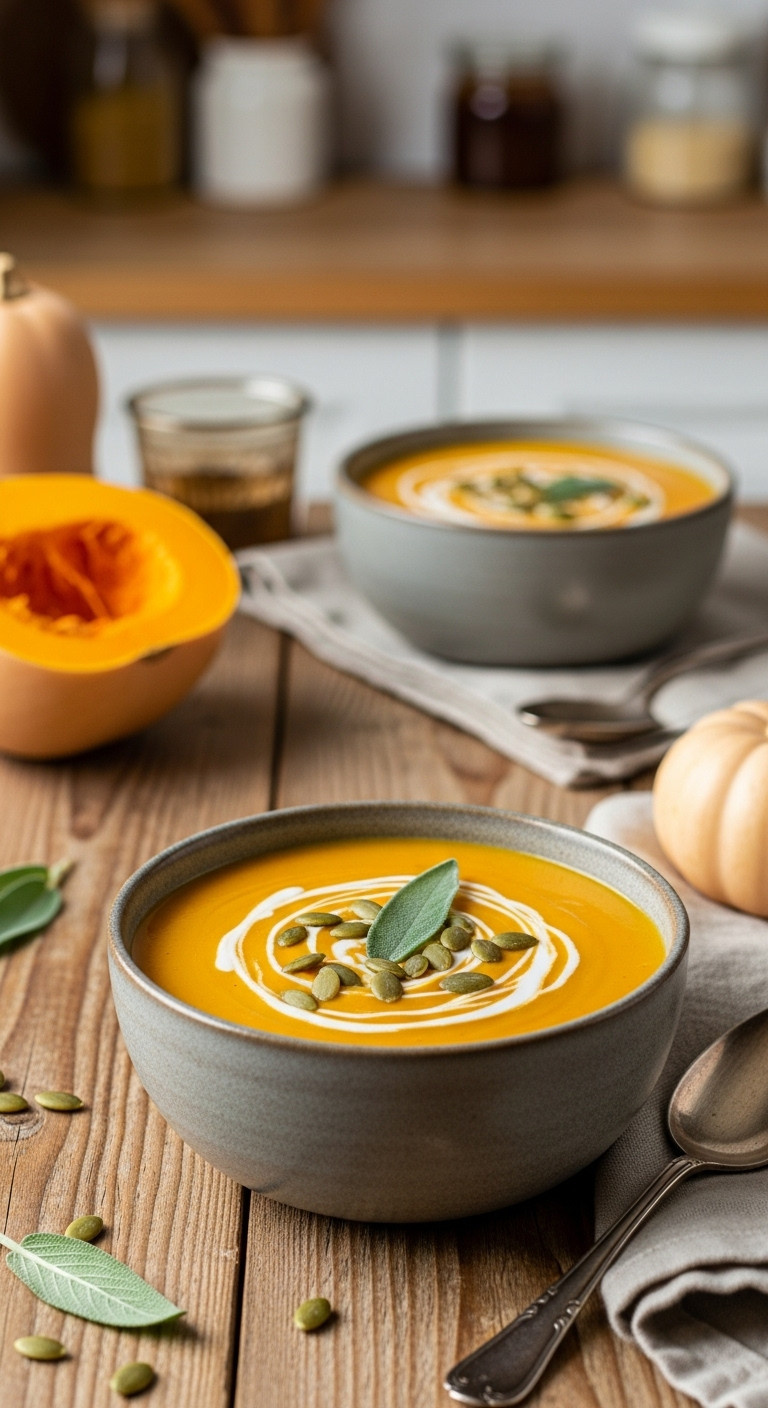 Creamy Roasted Butternut Squash Soup In Rustic Bowl With Pumpkin Seeds And Sage On Wooden Table With Autumn Kitchen Decor