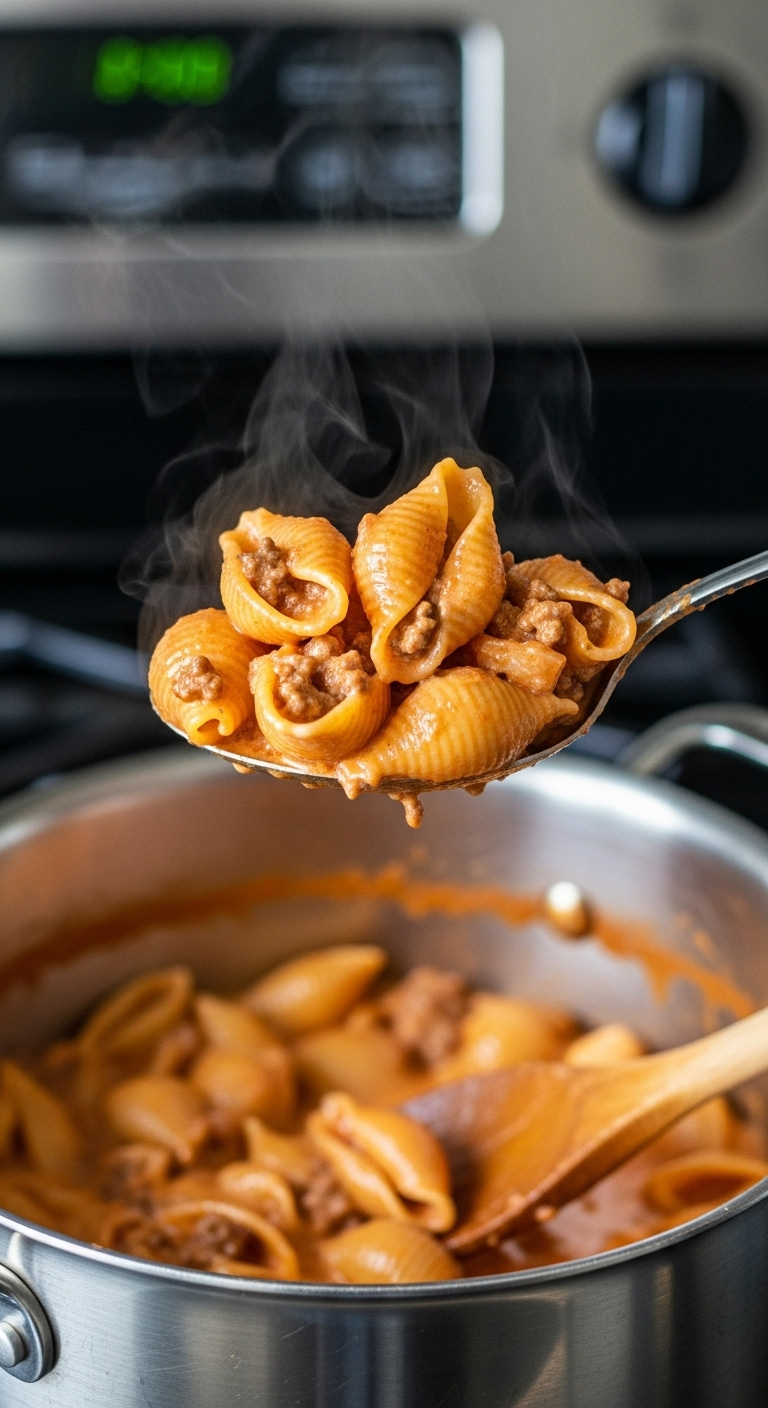 Creamy Shells And Beef Pasta Being Lifted By A Spoon From A Stainless Steel Pot With Steam Rising