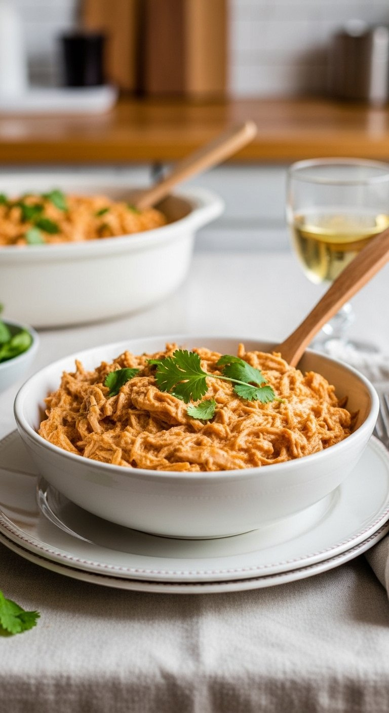 Creamy Shredded Chicken Enchilada Filling In A White Bowl Garnished With Cilantro On A Linen Tablecloth.