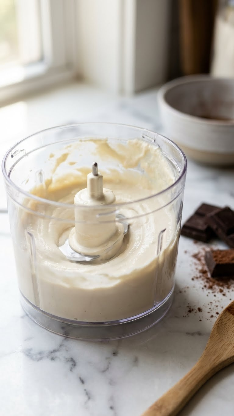 Creamy Silken Tofu Pureeing In A Mini Food Processor On Marble, With Chocolate Blocks And Cocoa. Vegan Emulsifier.